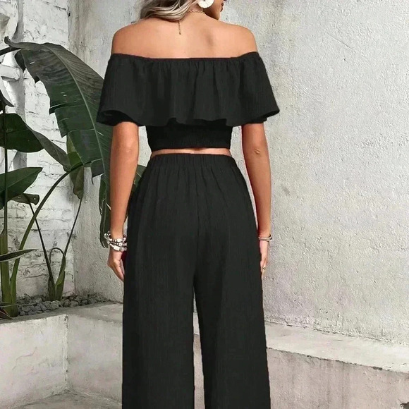 Black Boho Womens Off Shoulder Ruffle Trim Top & Wide Leg Pants - Picture 3 of 5